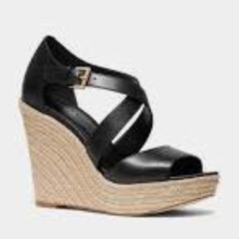 NEW Michael Kors Leather Wedge Sandals Espadrilles Black, Size 9.5 Retail $139 - Picture 12 of 13